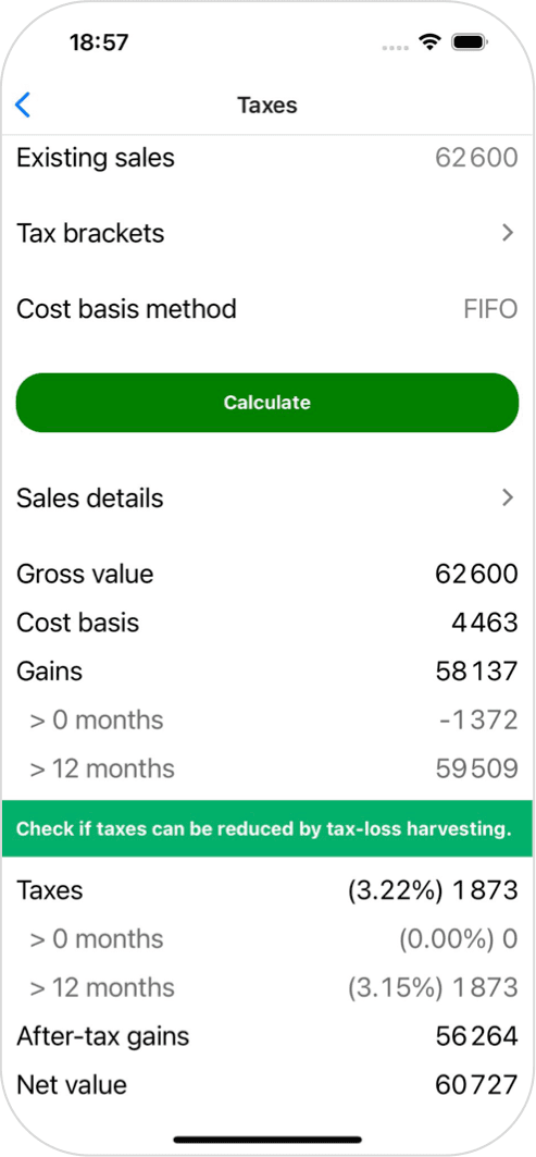 Taxes results with cost basis, gains and taxes by holding period, tax-loss harvesting prompt, after-tax gains, and net value.