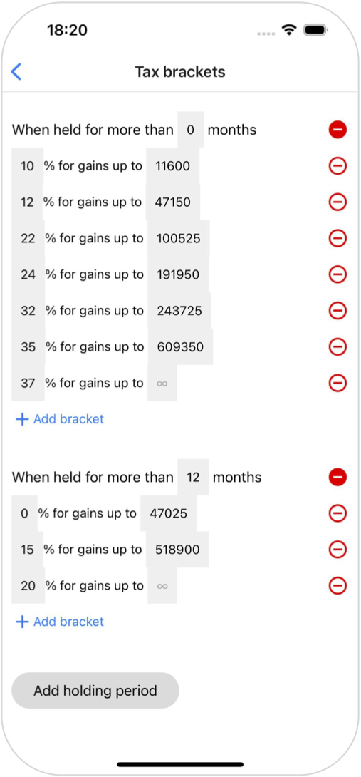 Screen to define tax brackets based on holding periods.
