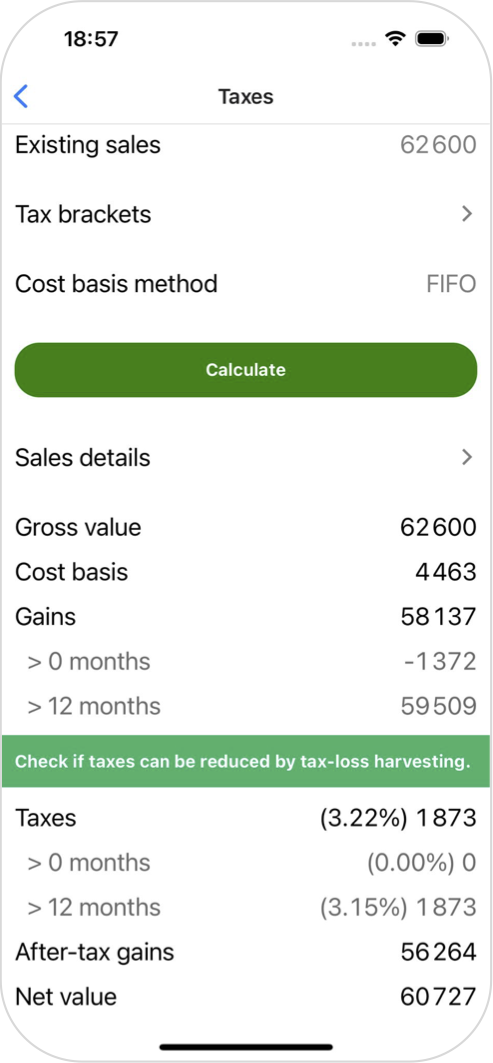 Taxes results with cost basis, gains and taxes by holding period, tax-loss harvesting prompt, after-tax gains, and net value.